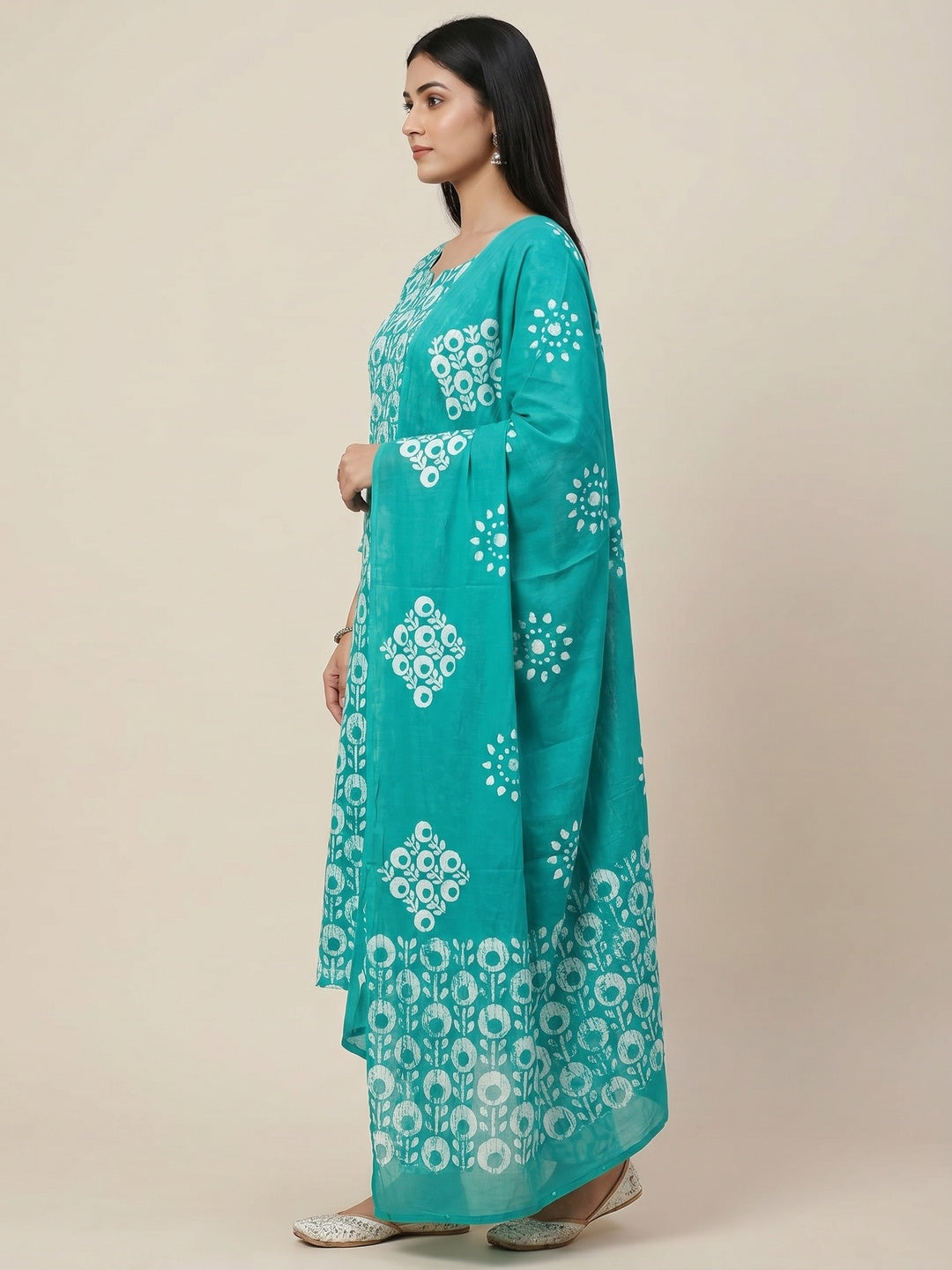 Turquoise Printed & Embroidered Pure Cotton Dress Material - Image 3