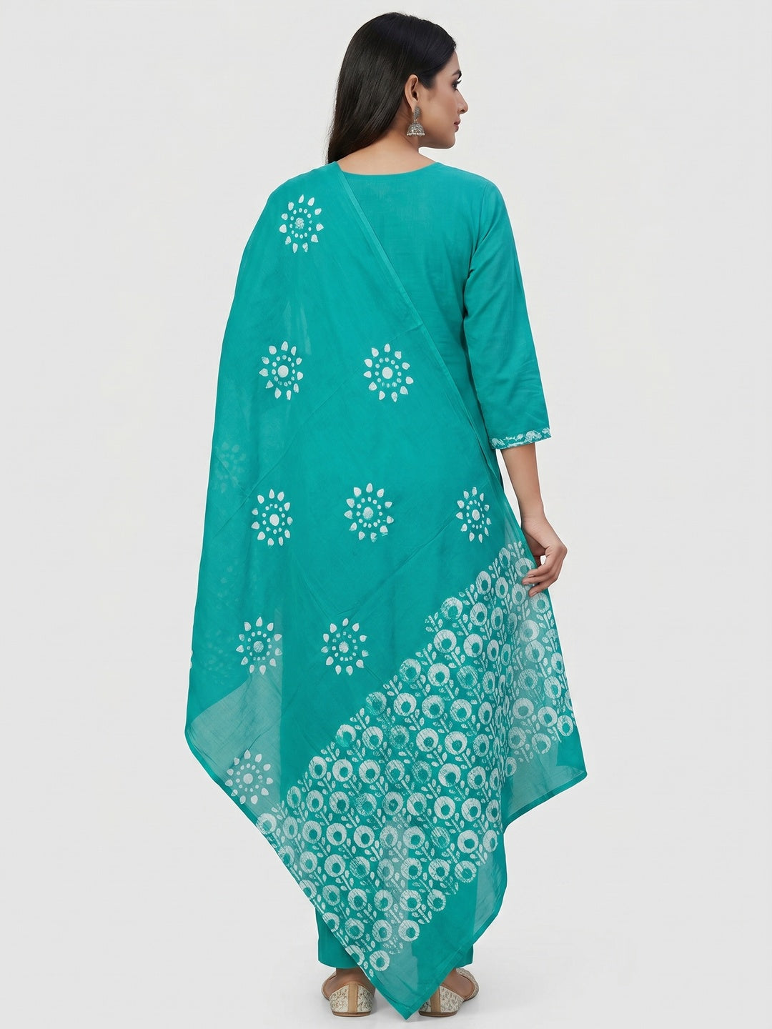 Turquoise Printed & Embroidered Pure Cotton Dress Material - Image 2