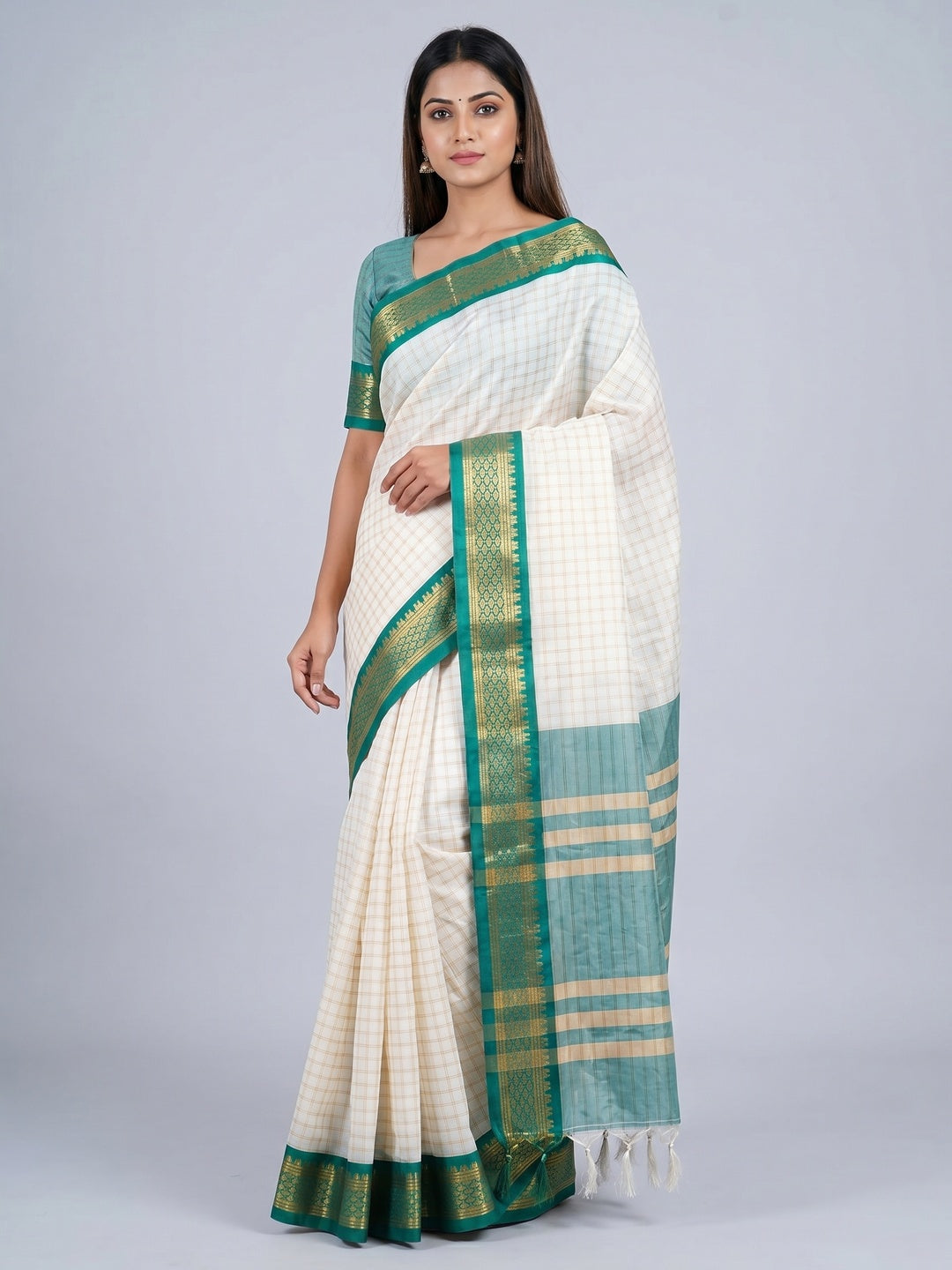 White & Rama Green Checks With Woven Border Cotton Silk Saree - Image 3