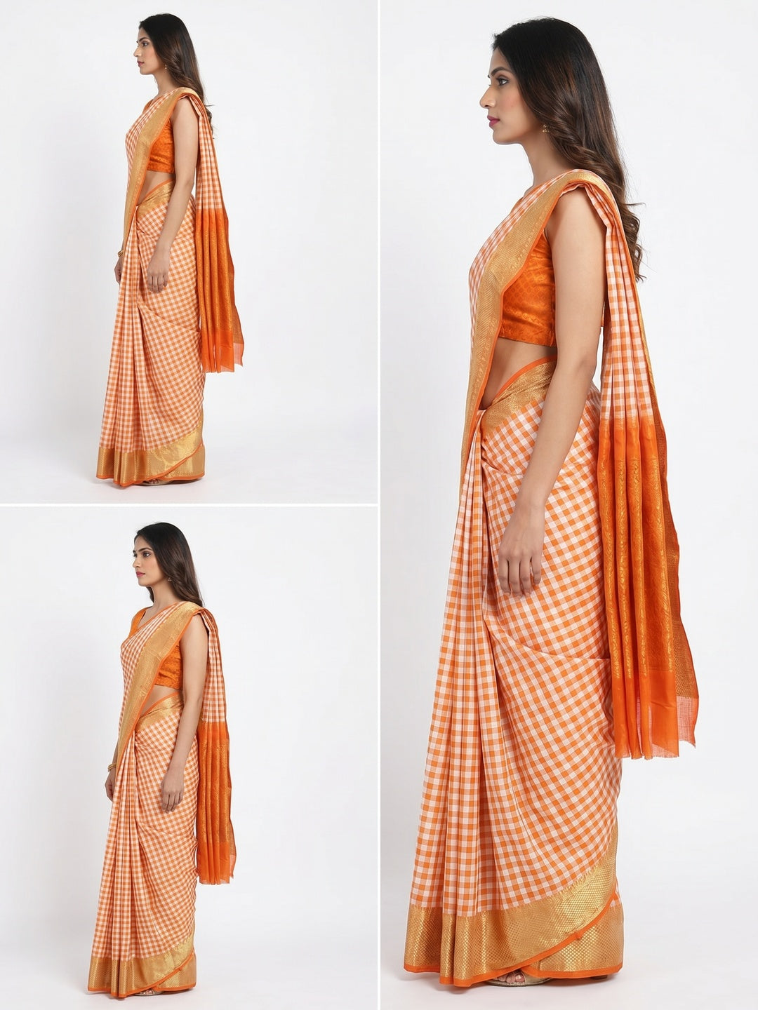 White & Orange Checks With Woven Border Cotton Silk Saree - Image 2