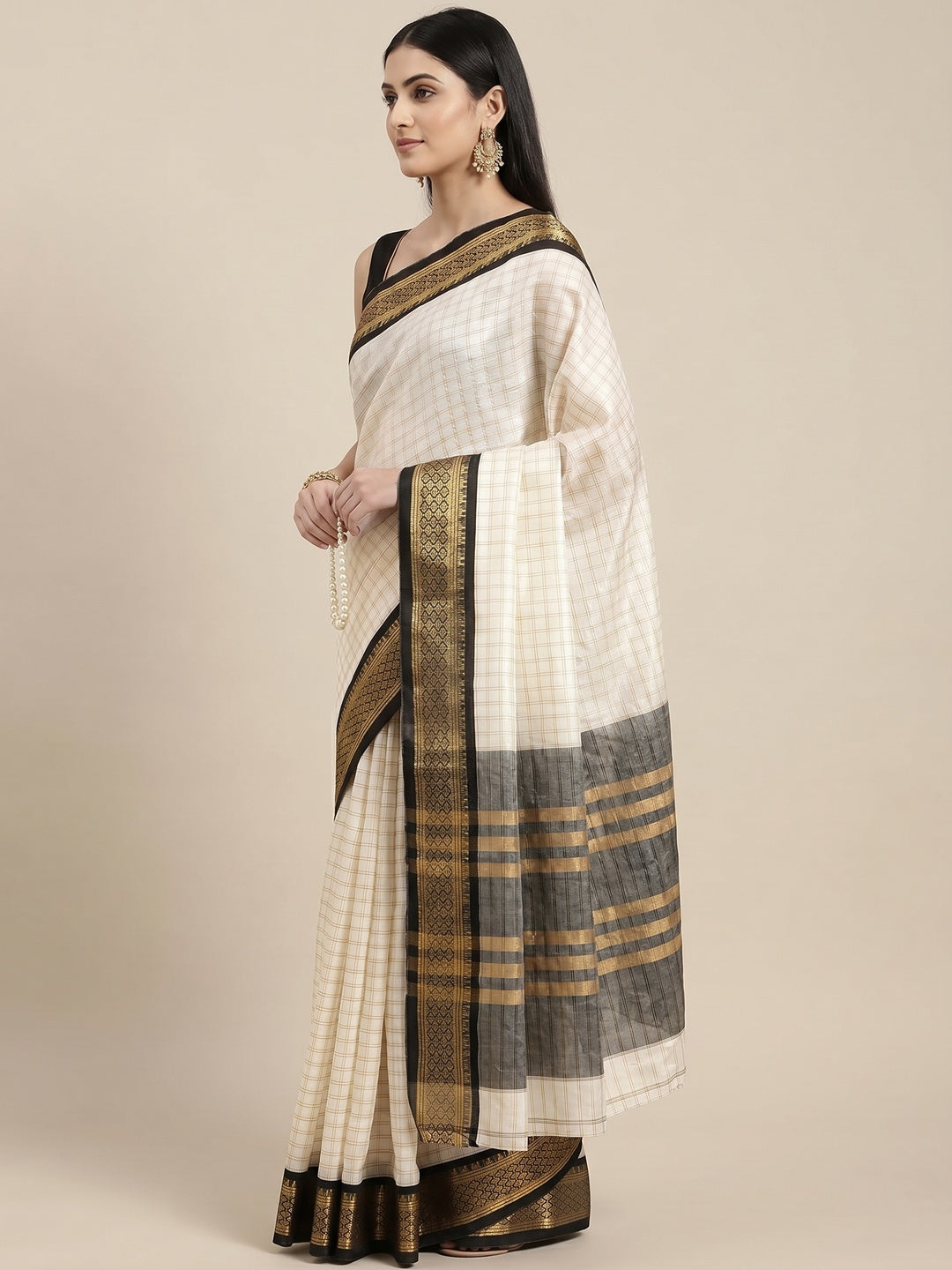 White & Black Checks With Woven Border Cotton Silk Saree - Image 3