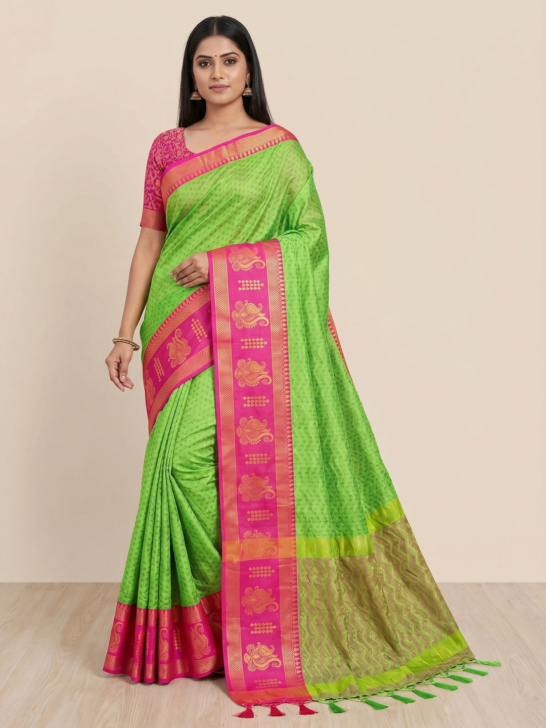 Parrot Green Woven Cotton Silk Saree With Tassels - Image 1