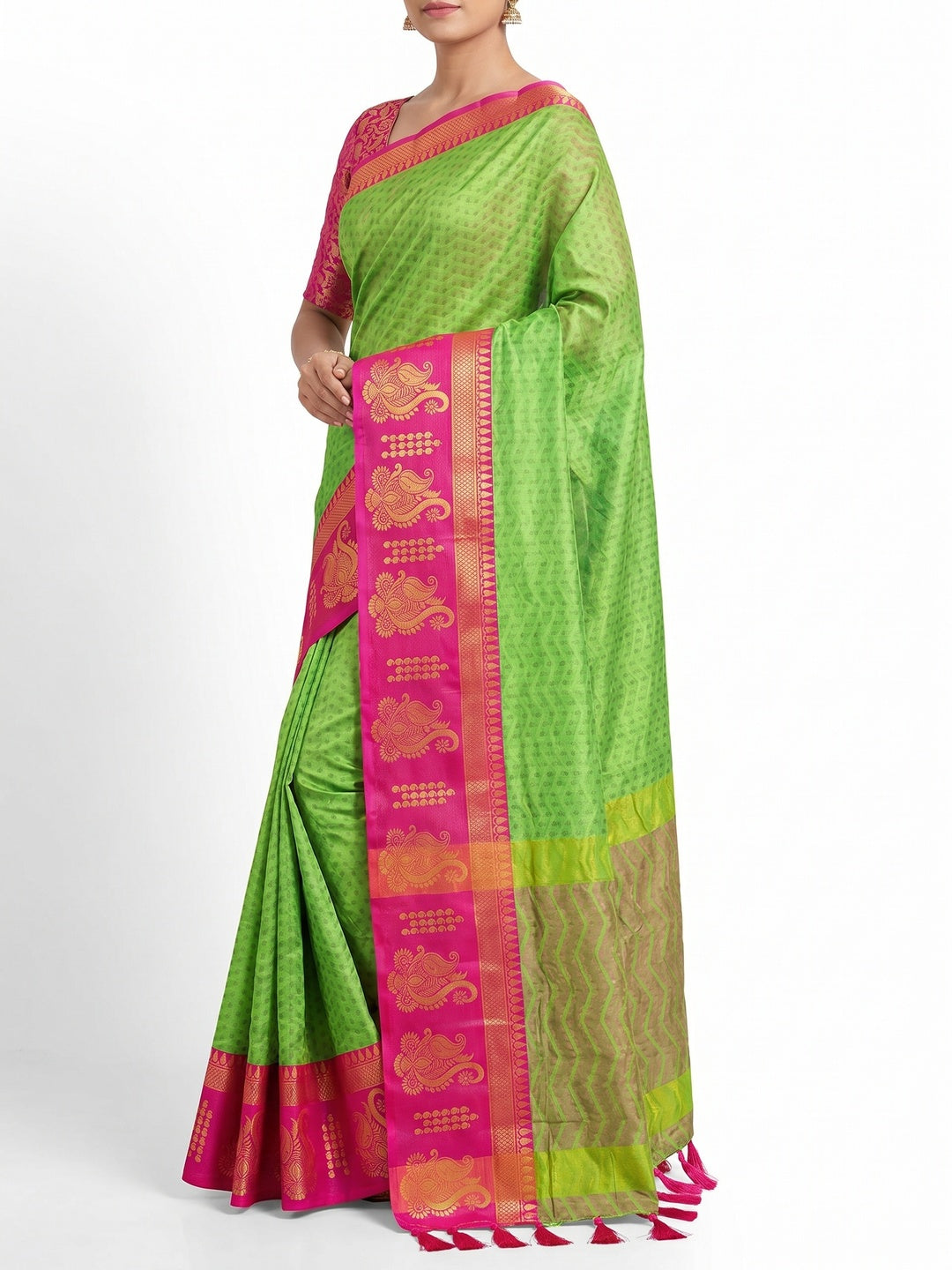 Parrot Green Woven Cotton Silk Saree With Tassels - Image 3