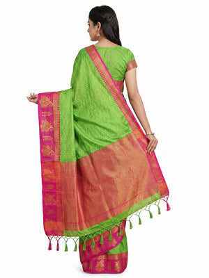 Parrot Green Woven Cotton Silk Saree With Tassels - Image 2