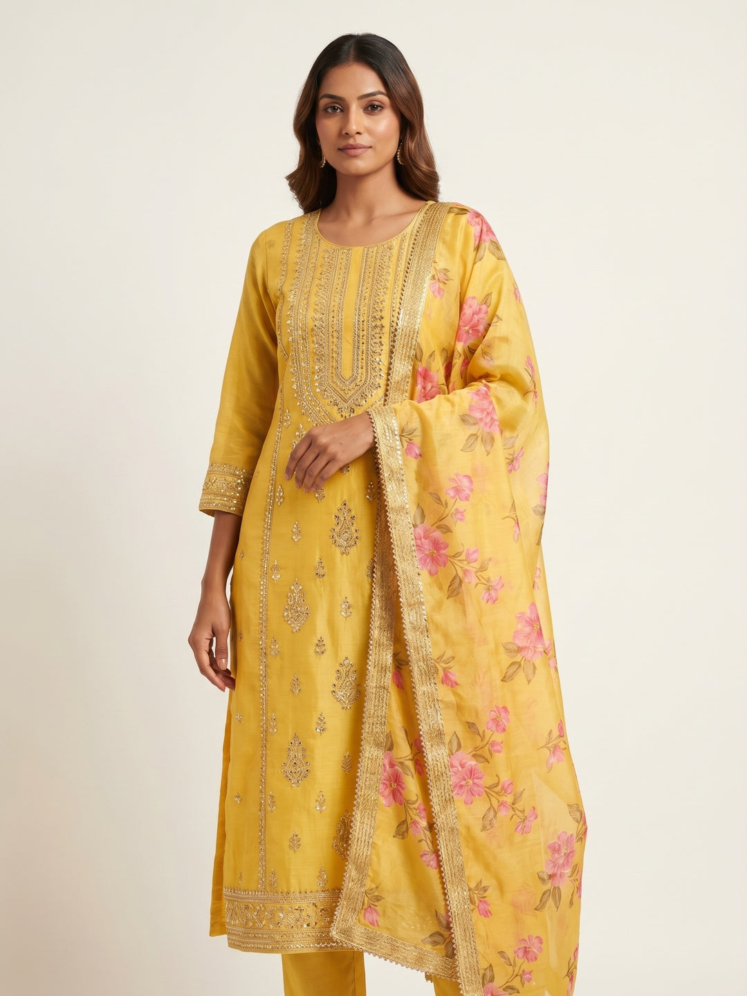 Yellow Sequins Embroidered Chanderi Dress Material - Image 1
