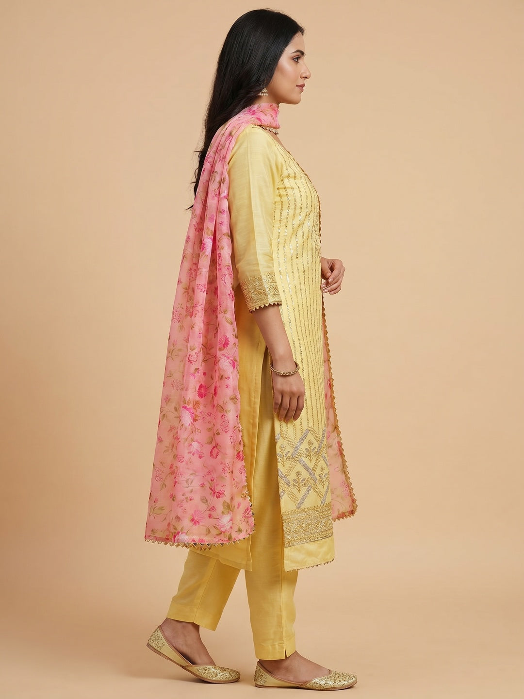 Yellow Sequins Embroidered Chanderi Dress Material - Image 2