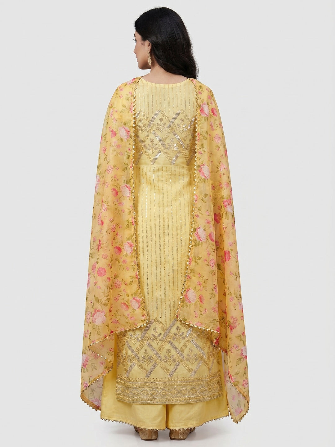 Yellow Sequins Embroidered Chanderi Dress Material - Image 3