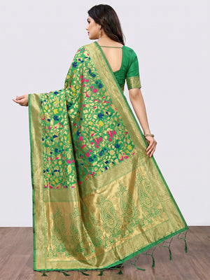 Green Floral Woven Art Silk Saree - Image 2