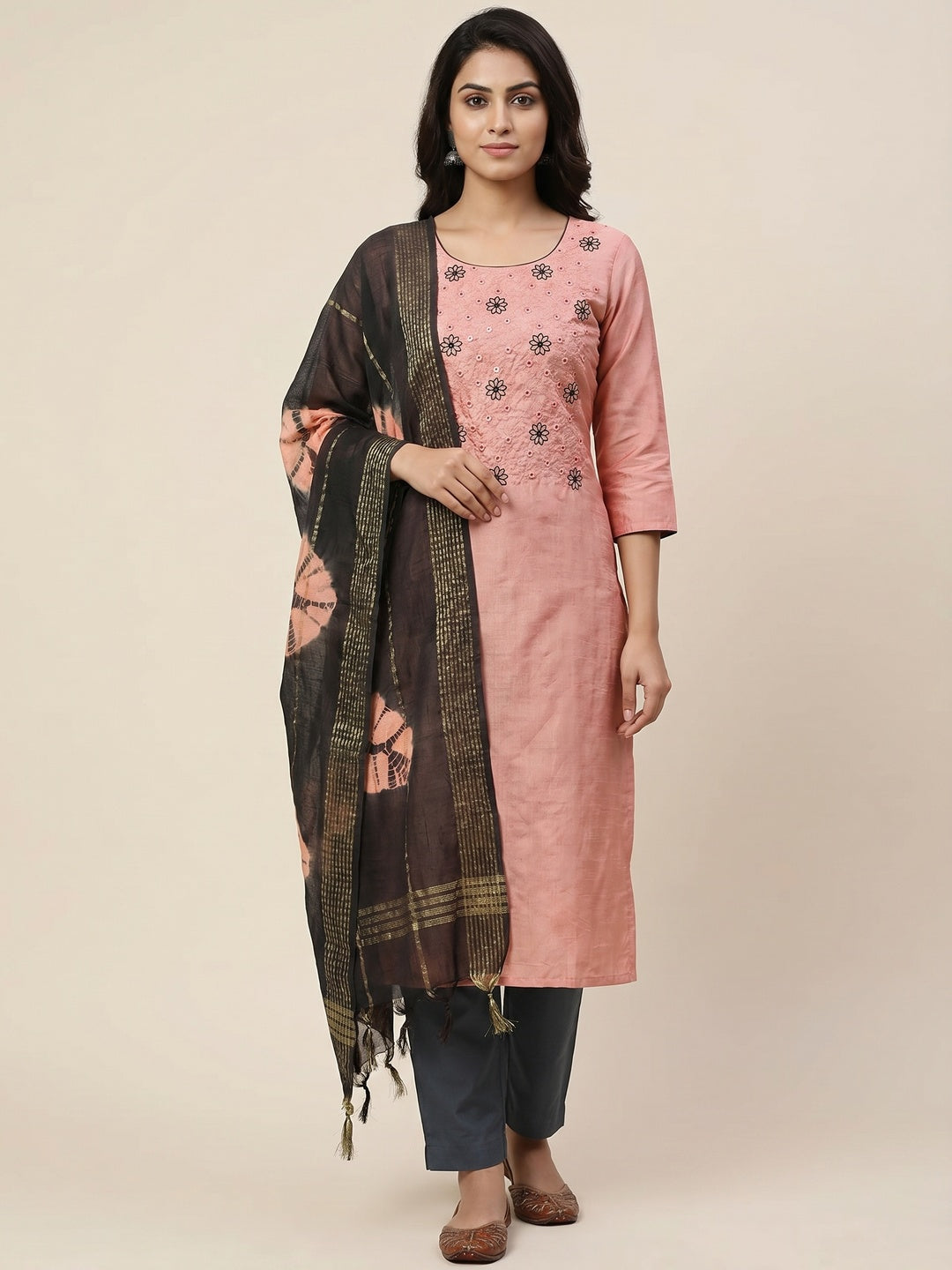 Peach Embroidered Raw Silk Dress Material - Image 1