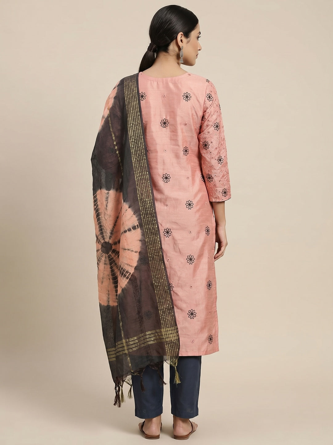 Peach Embroidered Raw Silk Dress Material - Image 3