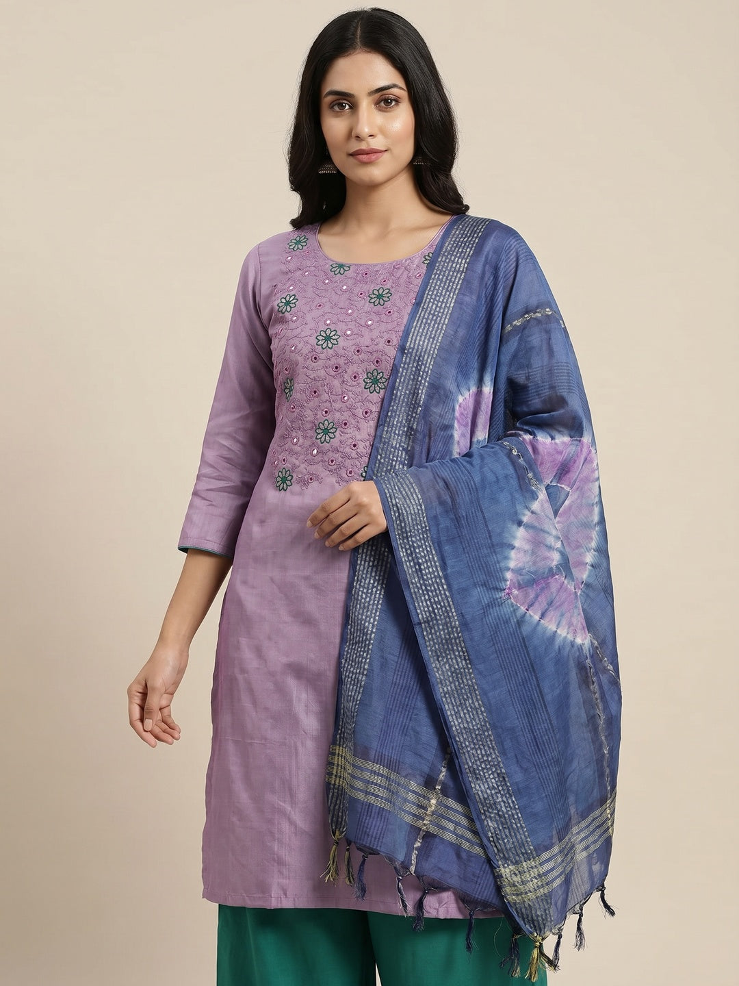 Lavender Embroidered Raw Silk Dress Material - Image 1