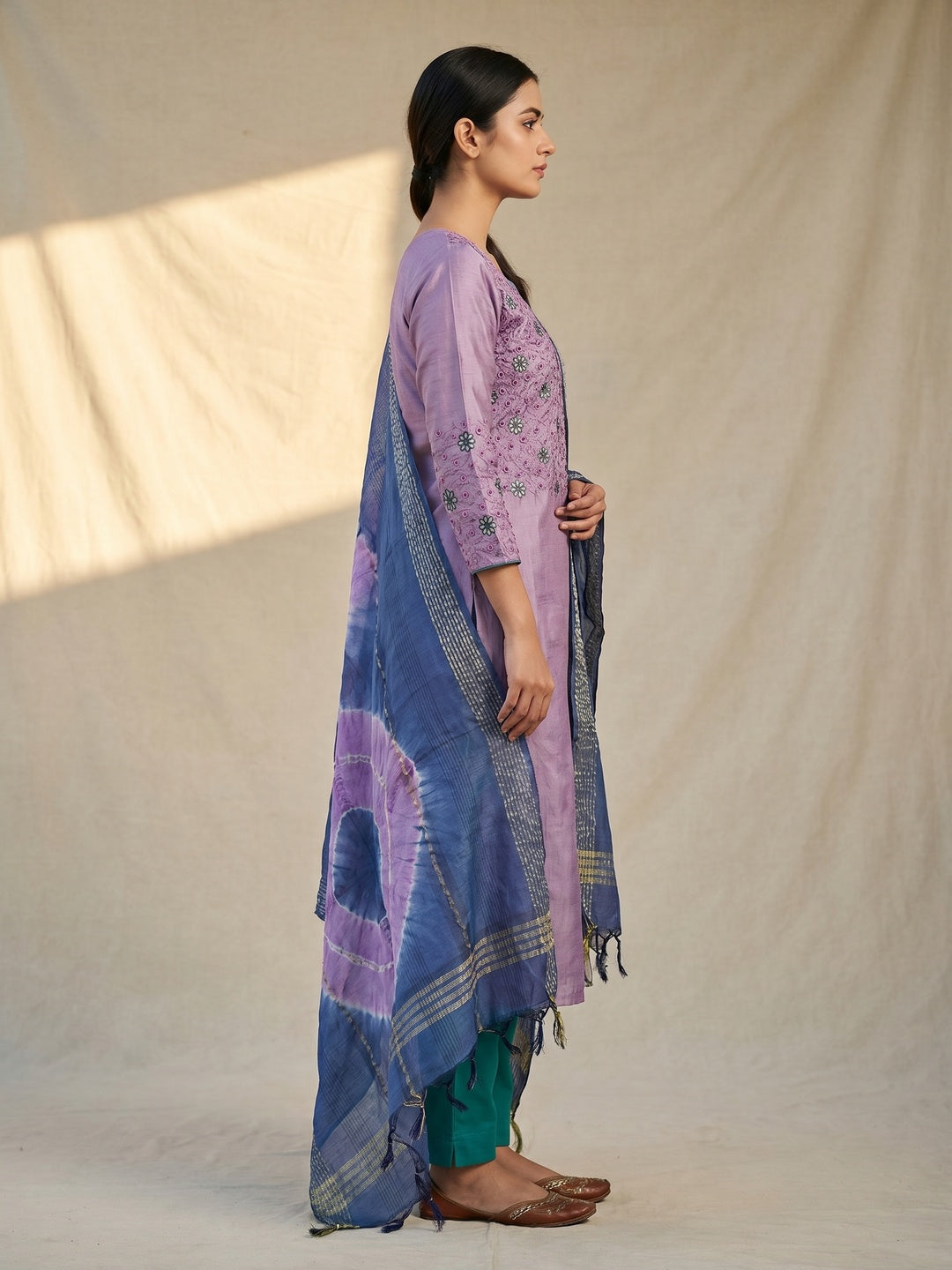 Lavender Embroidered Raw Silk Dress Material - Image 3