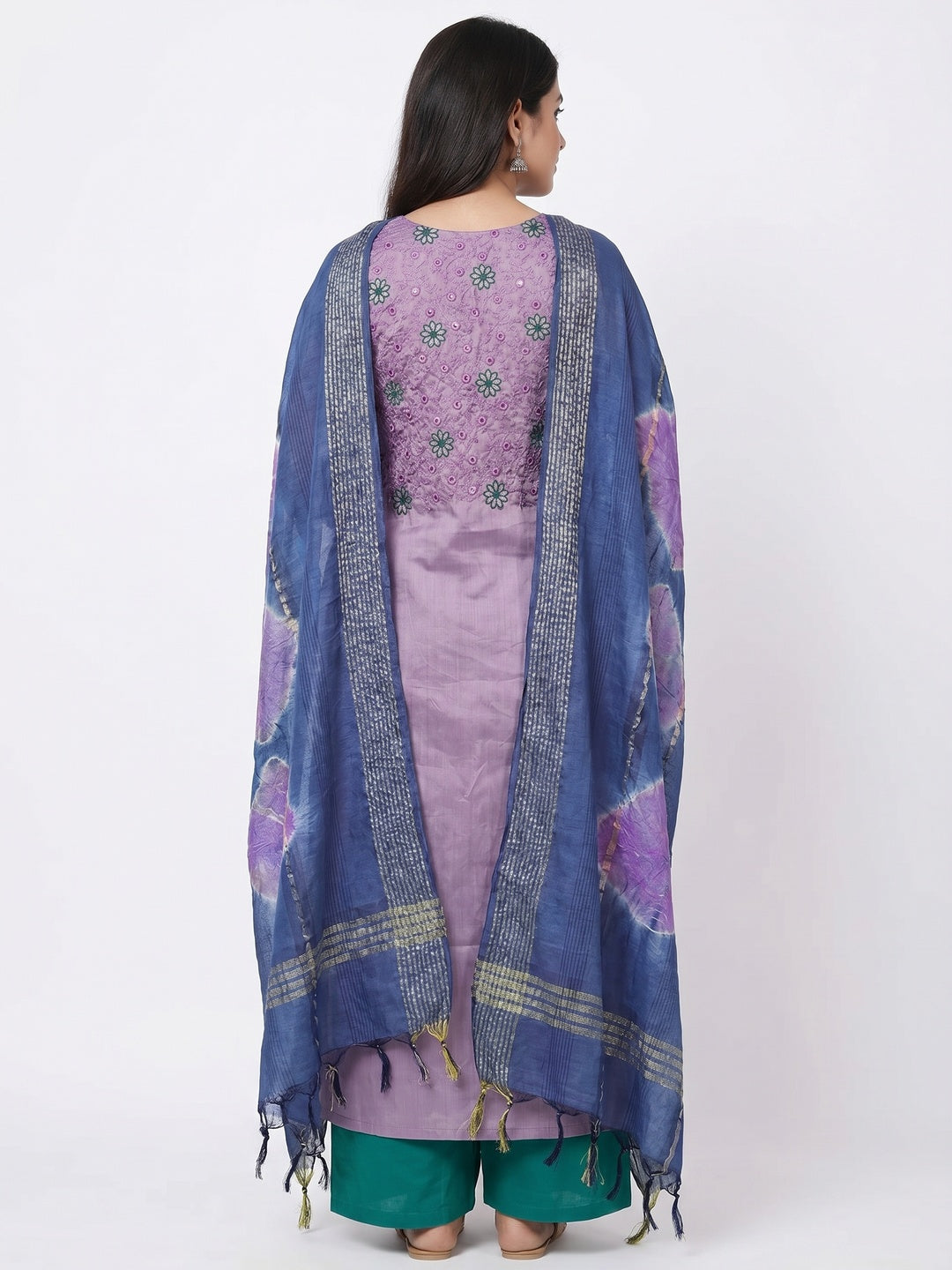 Lavender Embroidered Raw Silk Dress Material - Image 2