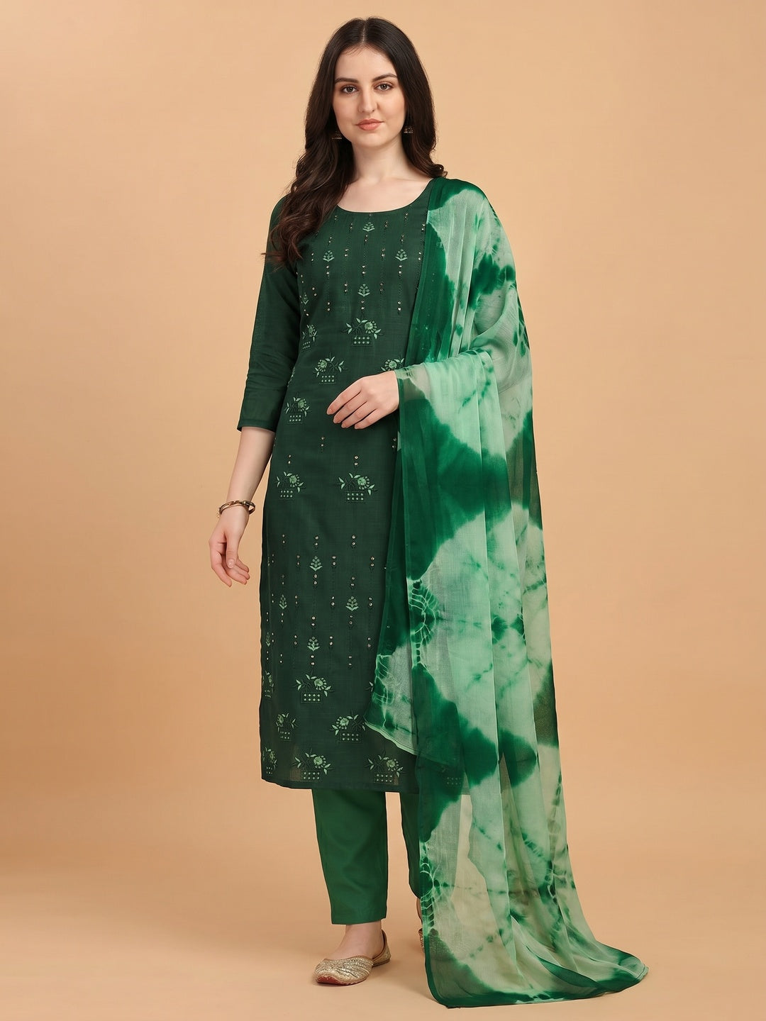 Bottle Green Floral Sequins Embroidered Cotton Blend Dress Material - Image 1