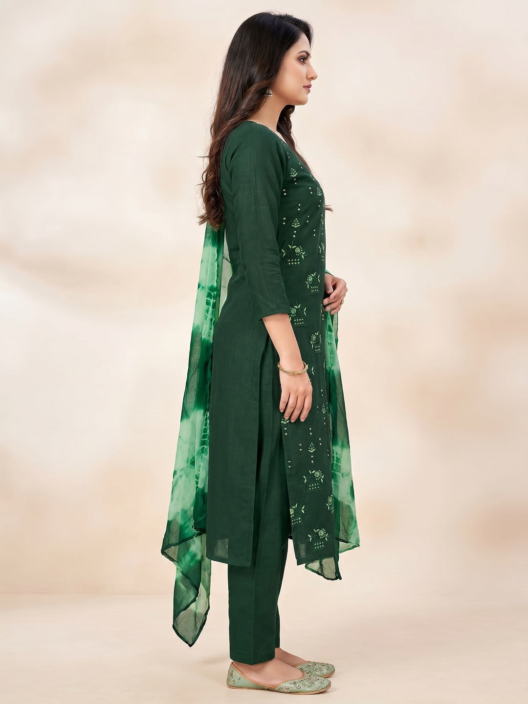 Bottle Green Floral Sequins Embroidered Cotton Blend Dress Material - Image 2