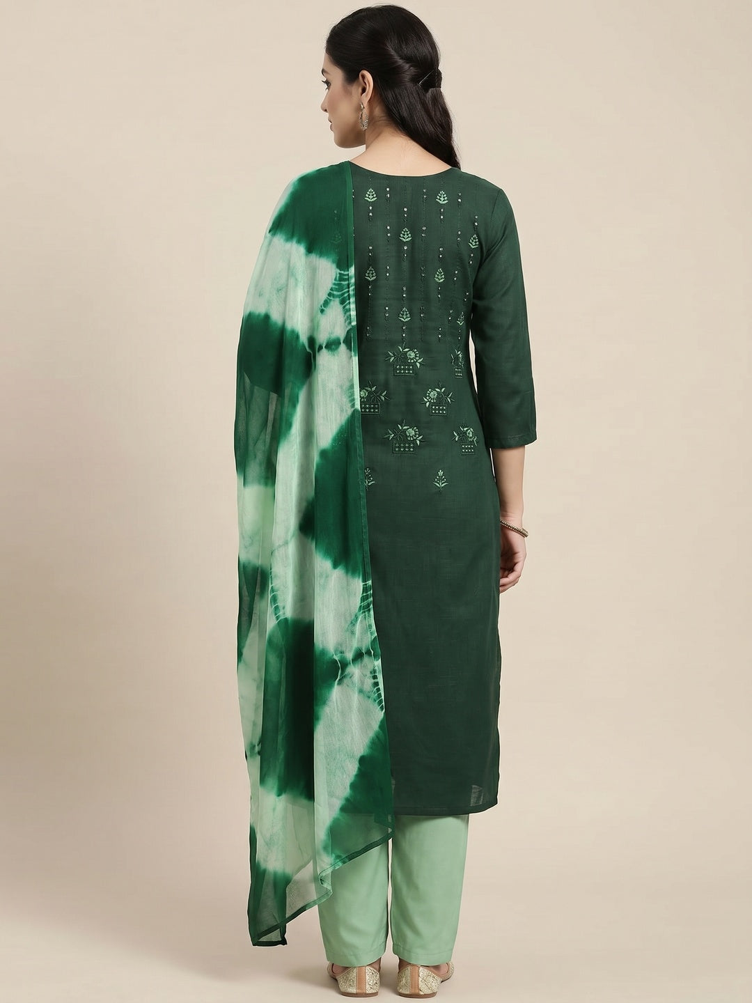 Bottle Green Floral Sequins Embroidered Cotton Blend Dress Material - Image 3