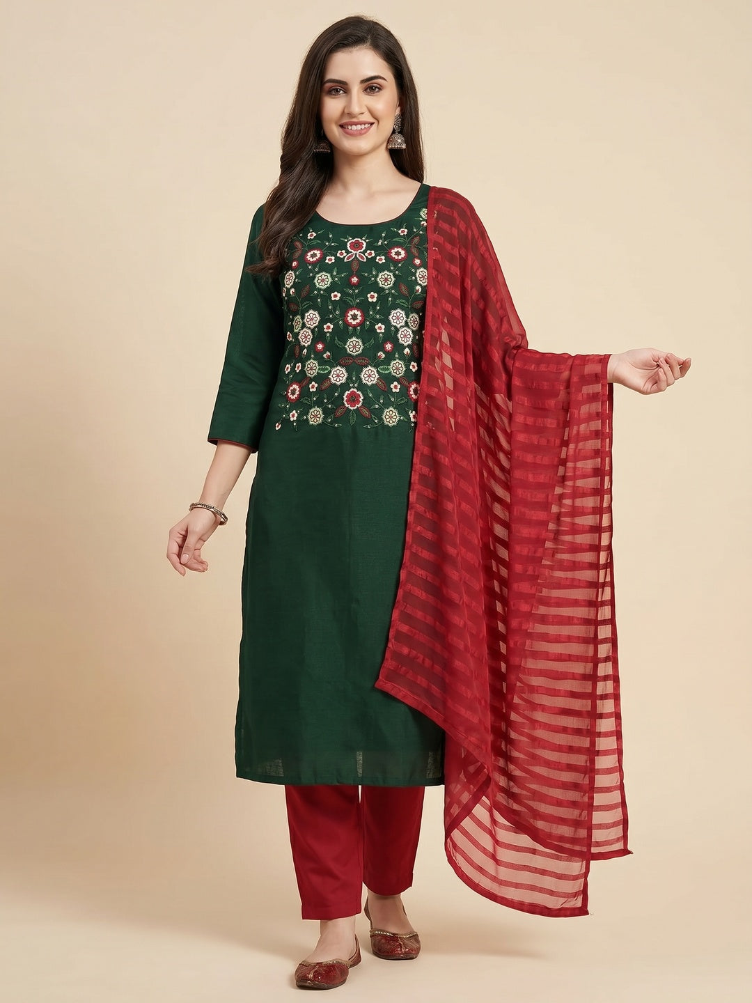 Bottle Green Floral Sequins Embroidered Cotton Blend Dress Material - Image 3
