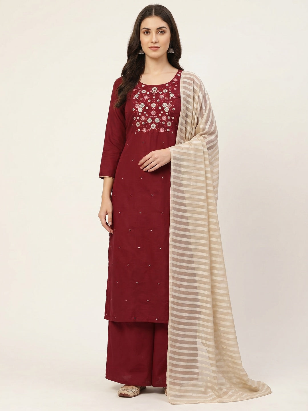 Maroon Floral Sequins Embroidered Cotton Blend Dress Material - Image 1