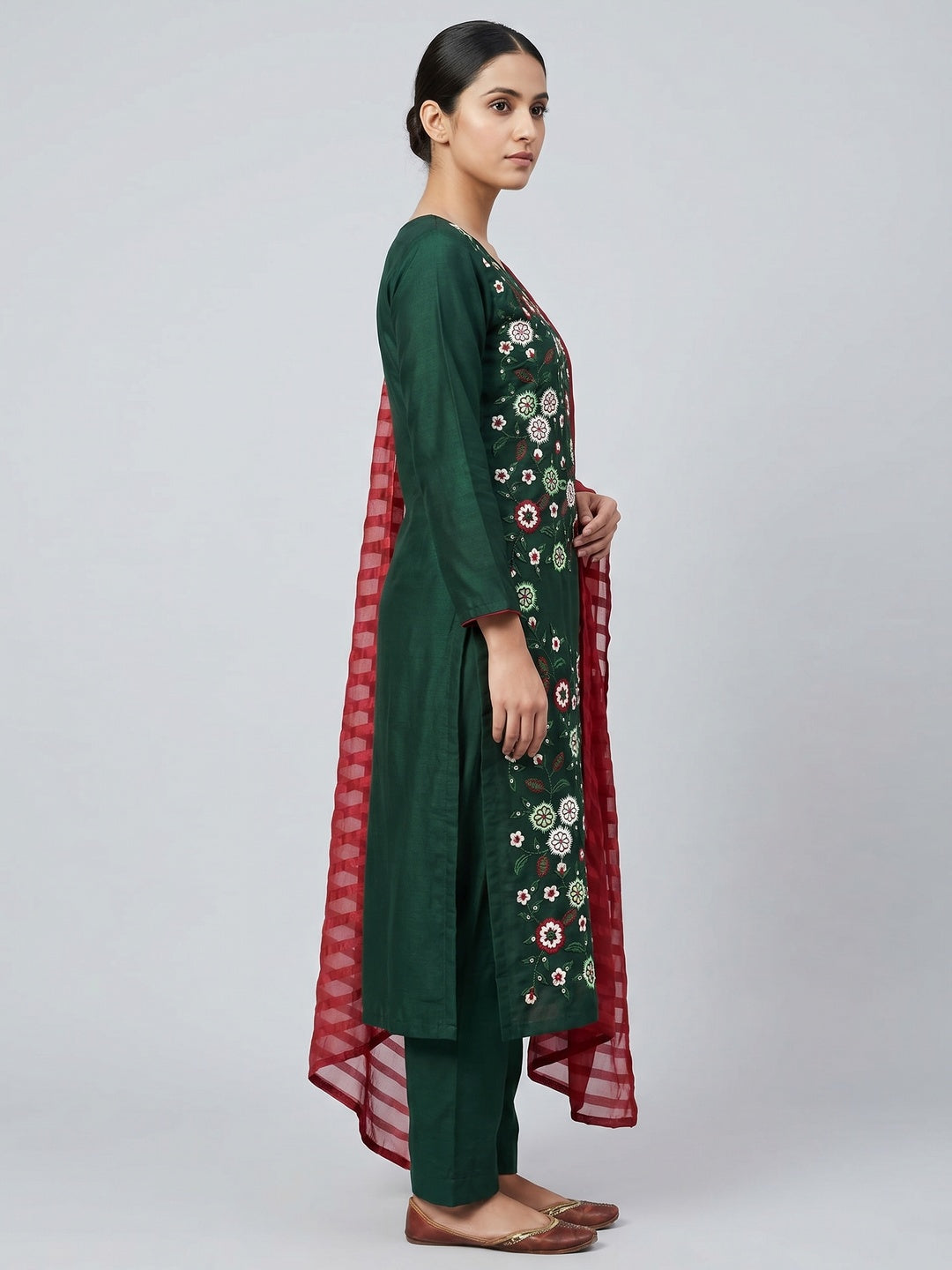 Bottle Green Floral Sequins Embroidered Cotton Blend Dress Material - Image 2