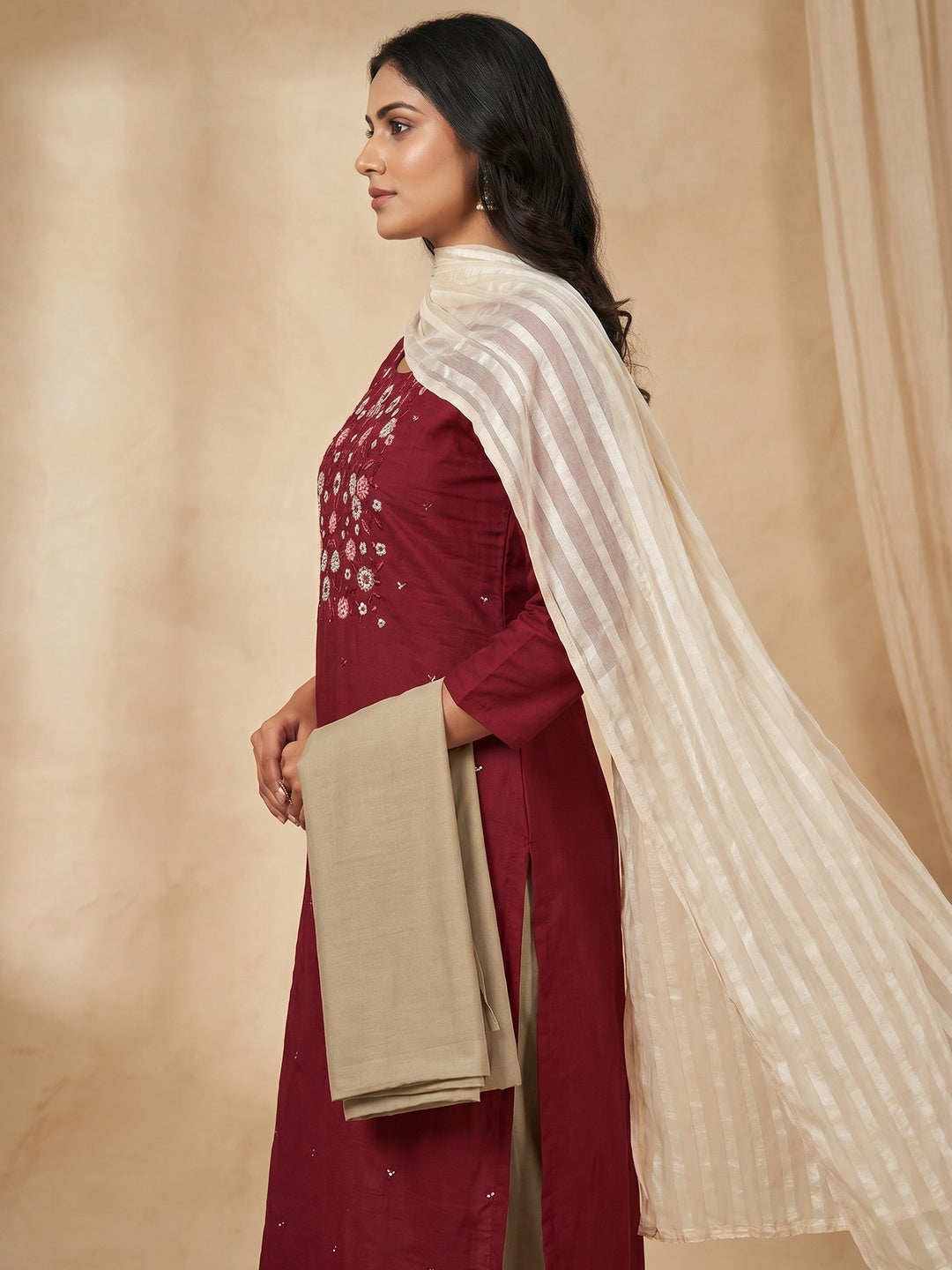 Maroon Floral Sequins Embroidered Cotton Blend Dress Material - Image 3