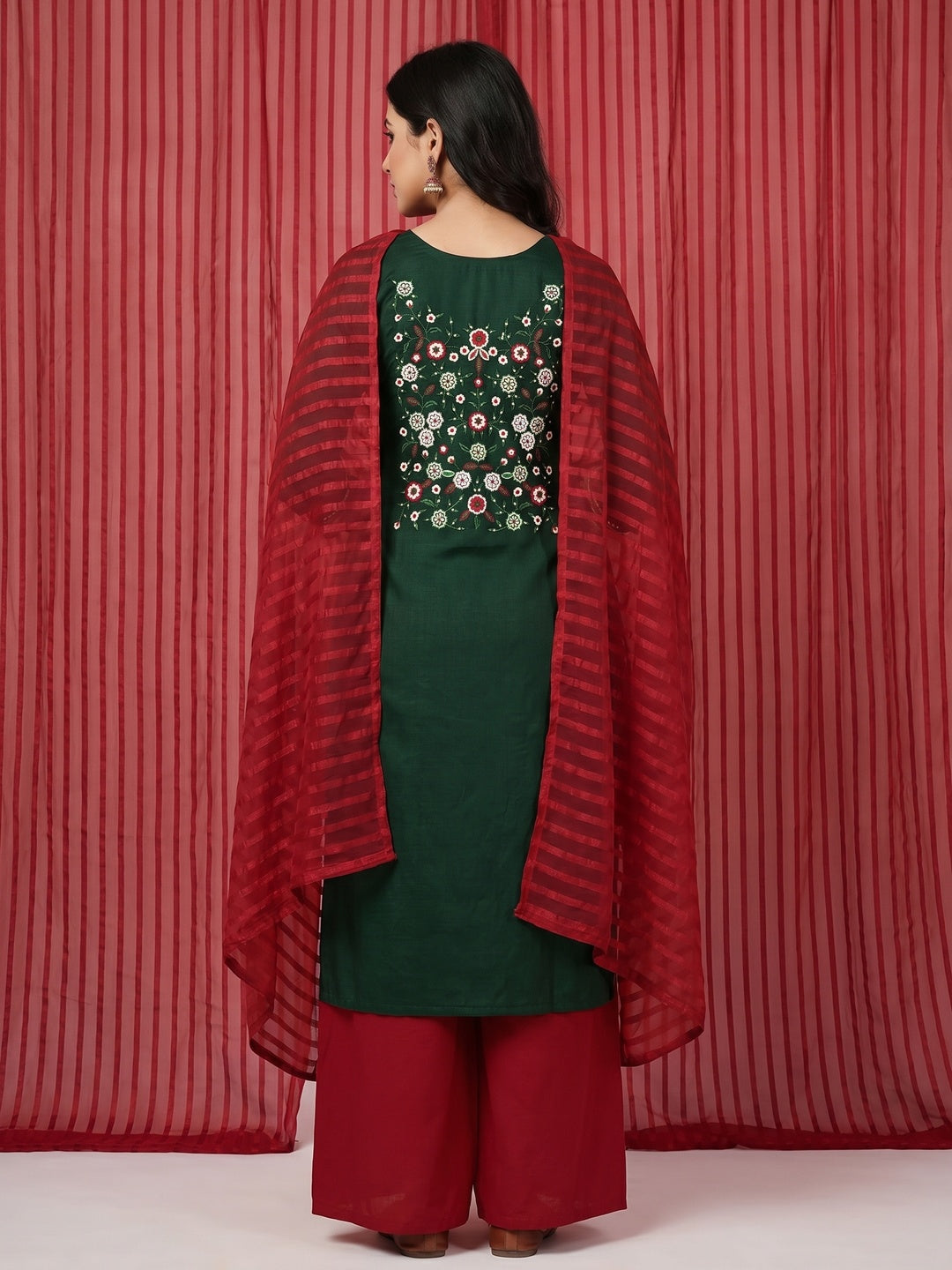 Bottle Green Floral Sequins Embroidered Cotton Blend Dress Material - Image 1