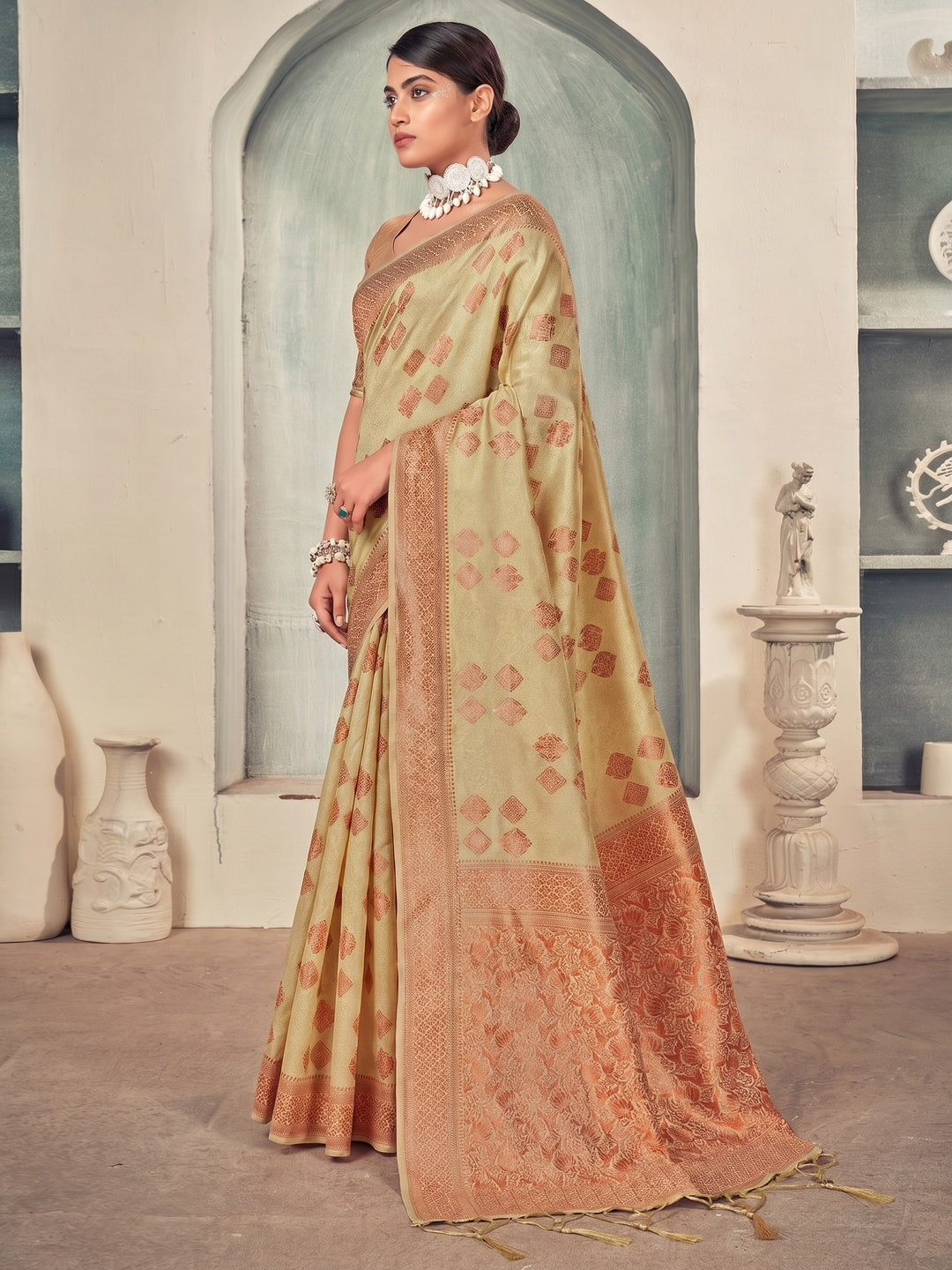 Beige Woven Art Silk Saree With Tassels - Image 1