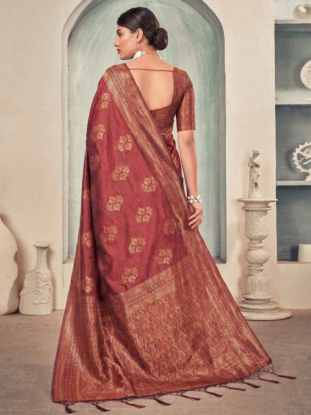 Red Woven Art Silk Saree With Tassels - Image 1