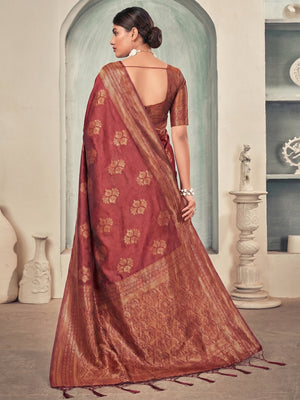 Red Woven Art Silk Saree With Tassels - Image 1