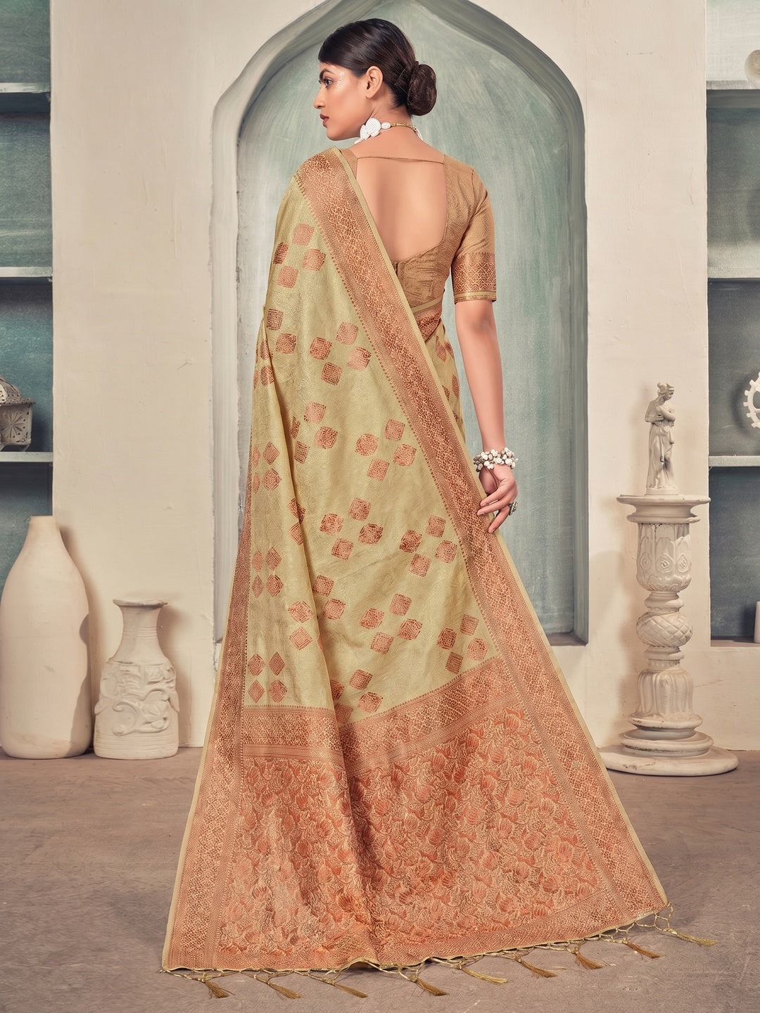 Beige Woven Art Silk Saree With Tassels - Image 2