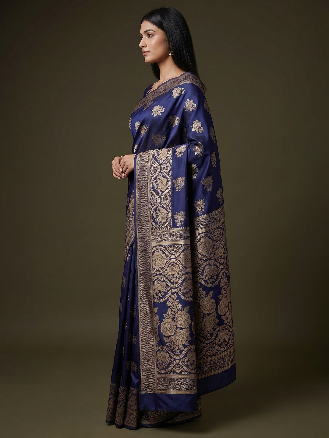 Navy Blue Woven Banarasi Silk Saree - Image 3