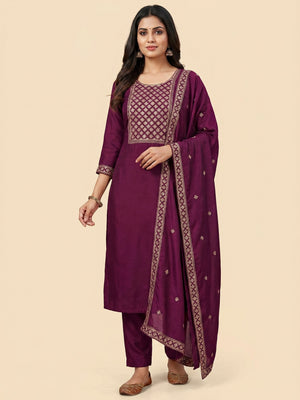 Wine Embroidered Modal Dress Material - Image 1