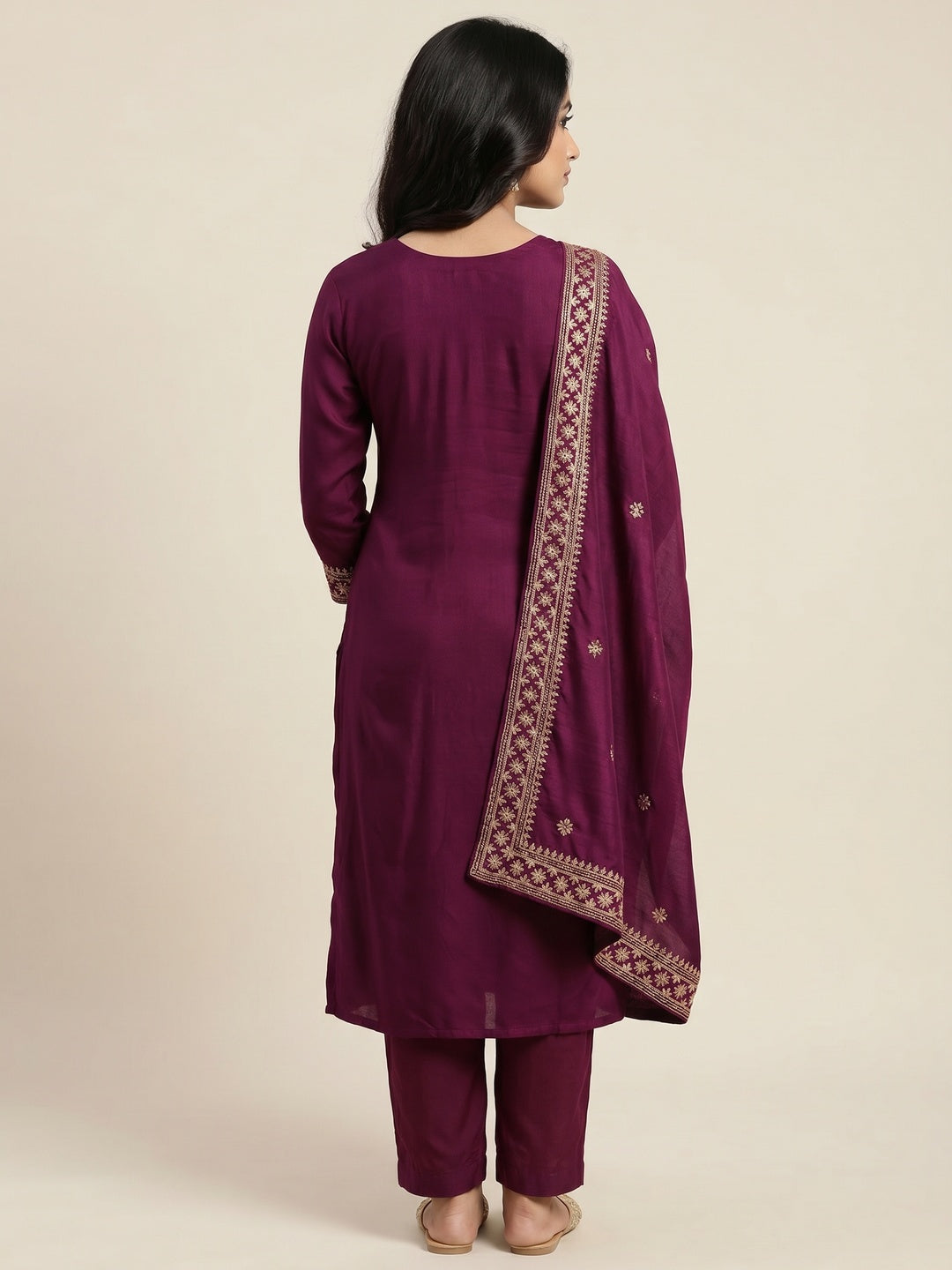 Wine Embroidered Modal Dress Material - Image 3