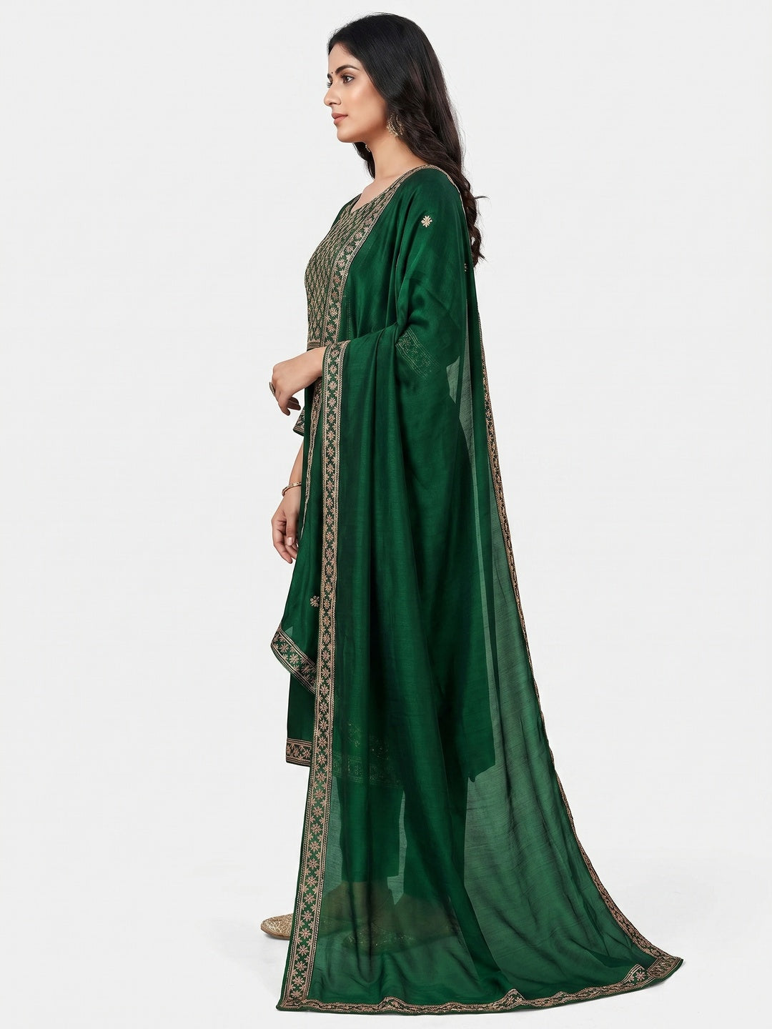 Bottle Green Embroidered Modal Dress Material - Image 3