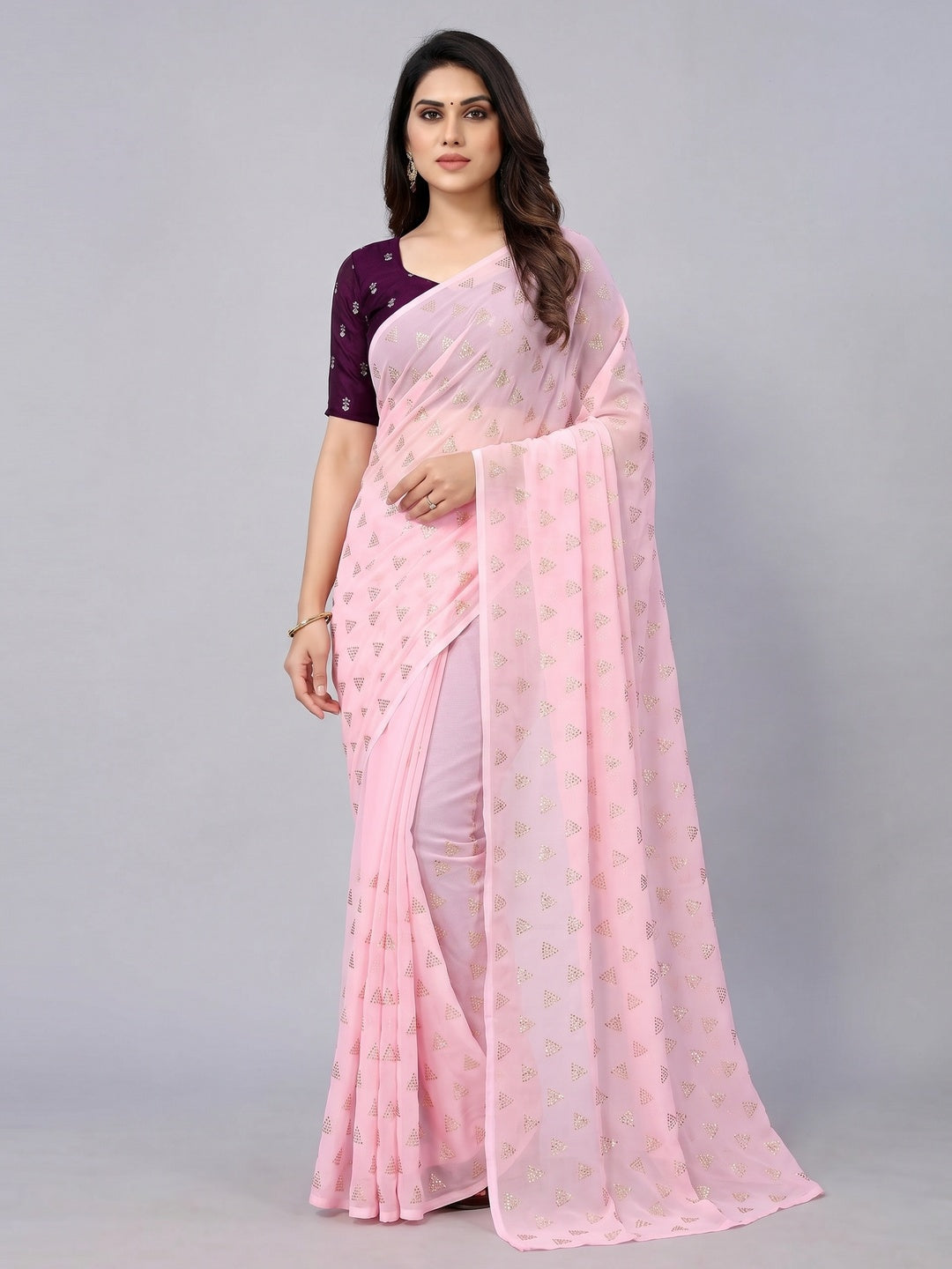 Pink Embellished Work Georgette Saree - Image 1