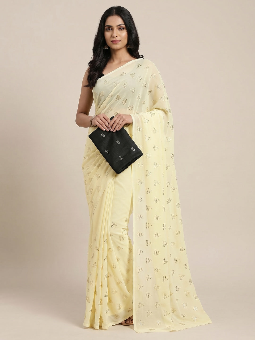 Light Yellow Embellished Work Georgette Saree - Image 1