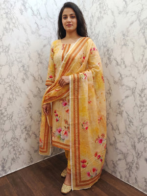 Yellow Floral Digital Printed Muslin Dress Material - Image 1