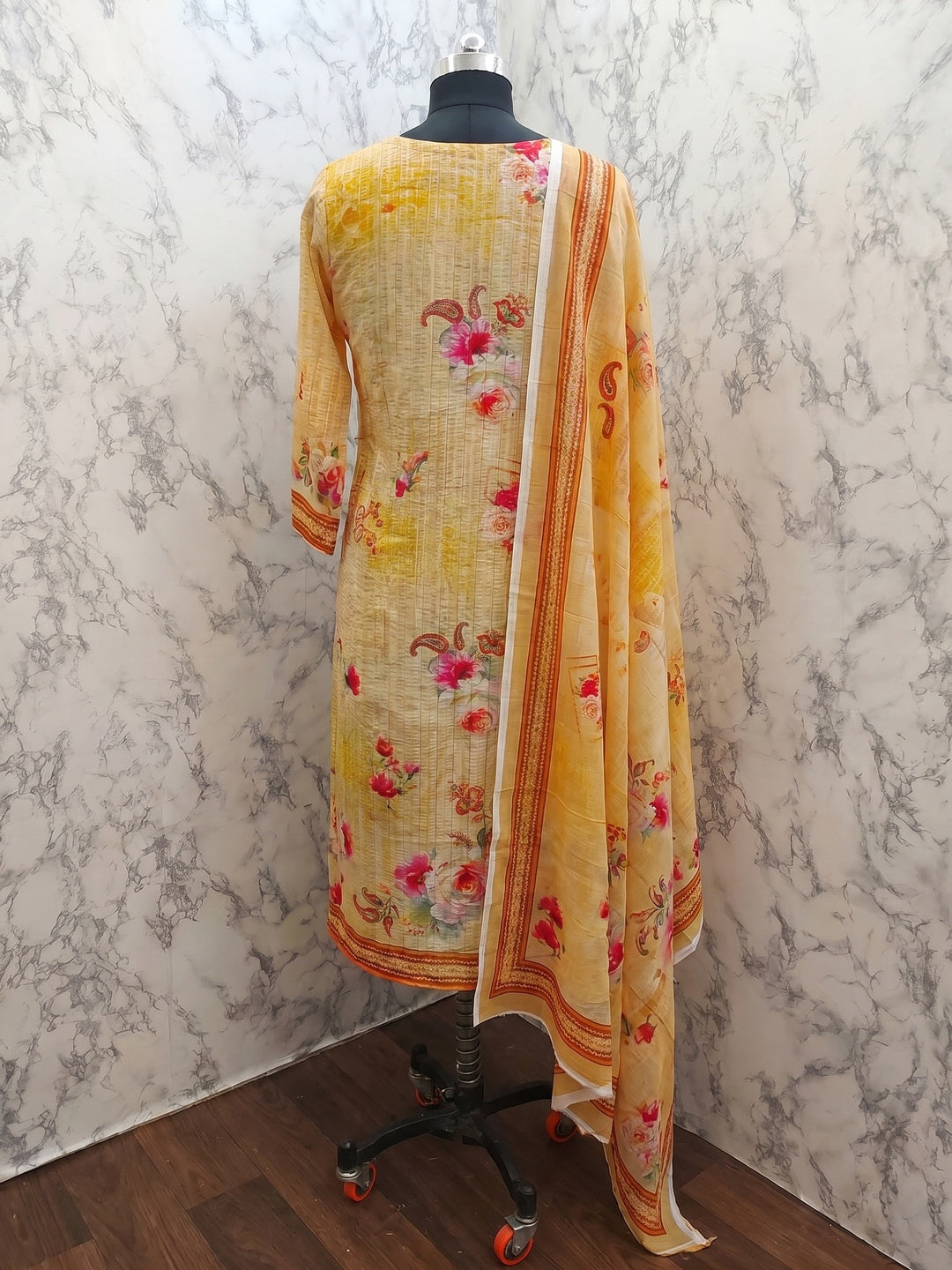 Yellow Floral Digital Printed Muslin Dress Material - Image 2