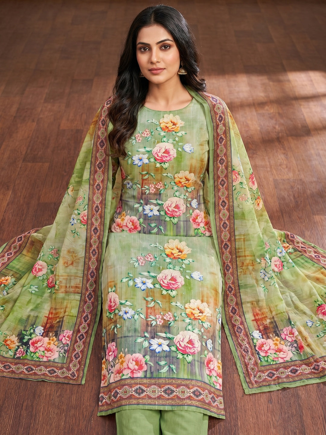 Green Floral Digital Printed Muslin Dress Material - Image 1