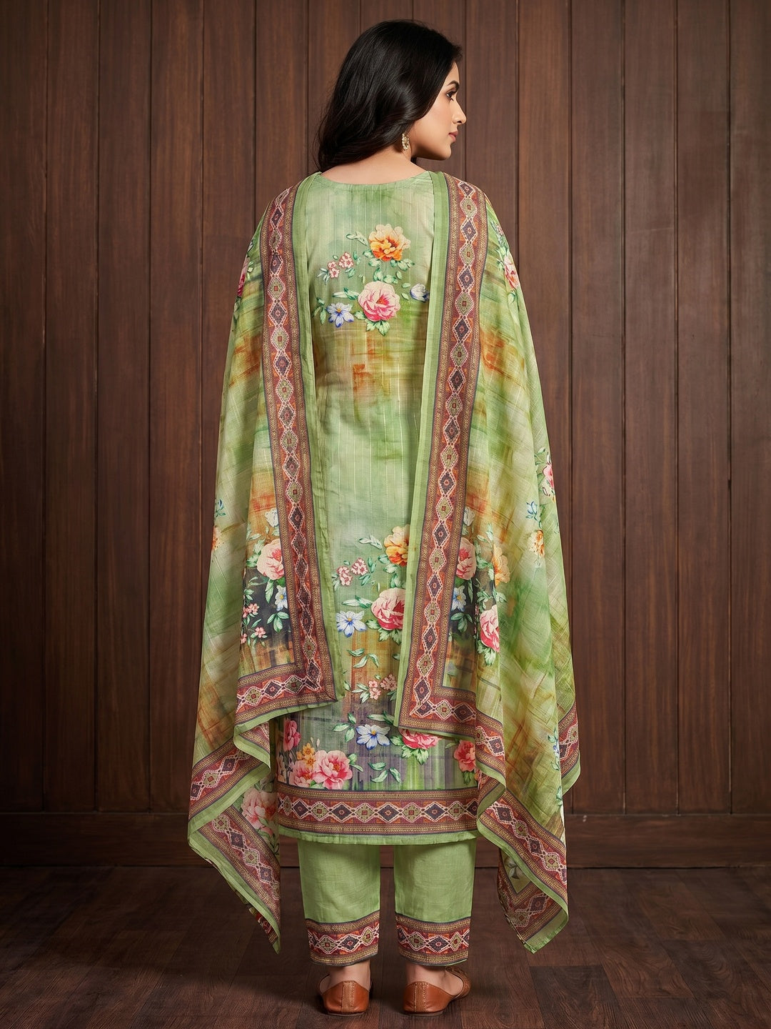 Green Floral Digital Printed Muslin Dress Material - Image 2