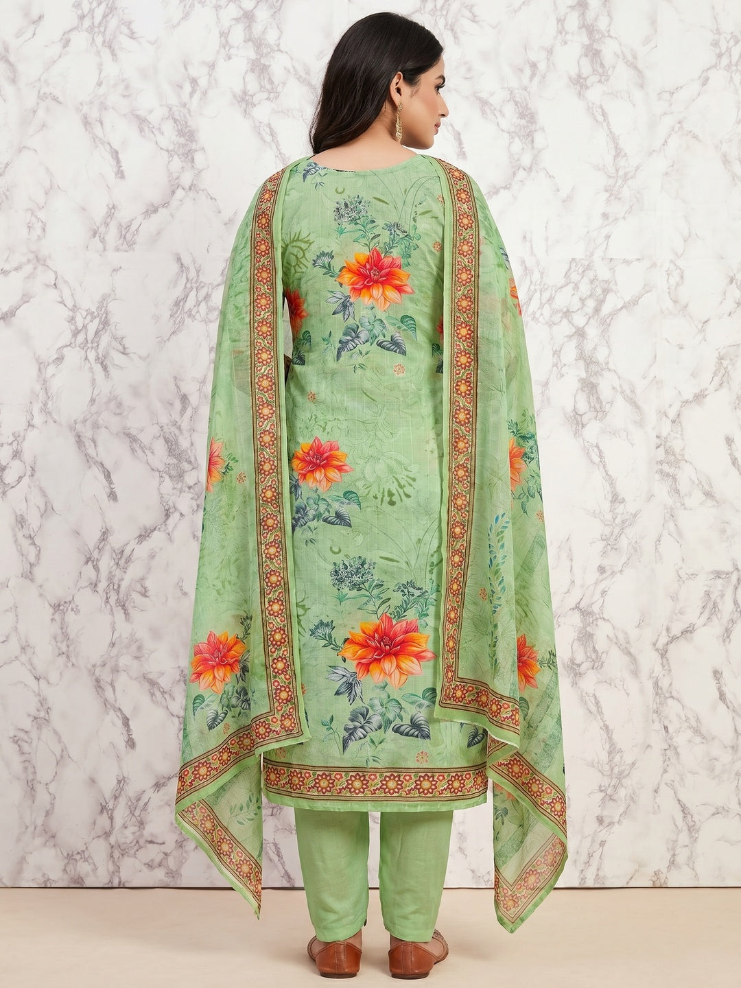 Green Floral Digital Printed Muslin Dress Material - Image 3