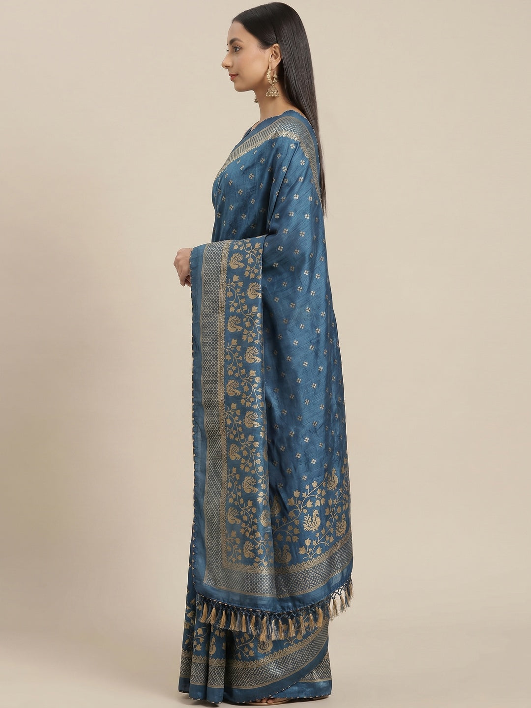 Blue Woven Vichitra Silk Saree - Image 3