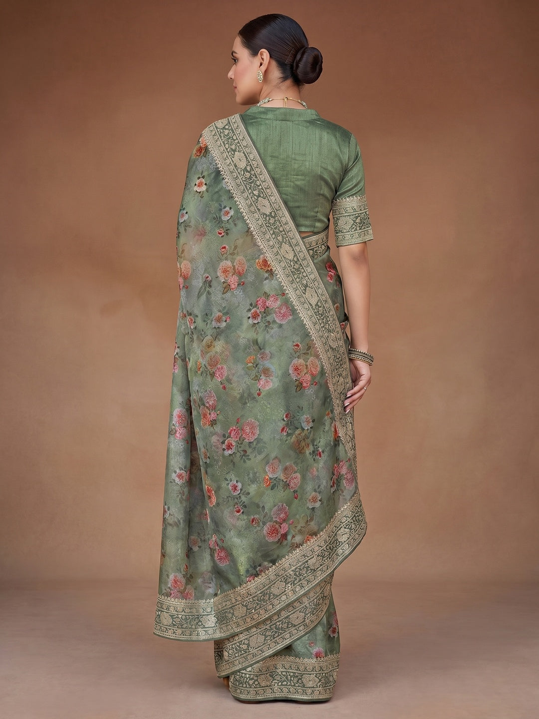 Olive Green Floral Printed With Embroidered Organza Saree - Image 1