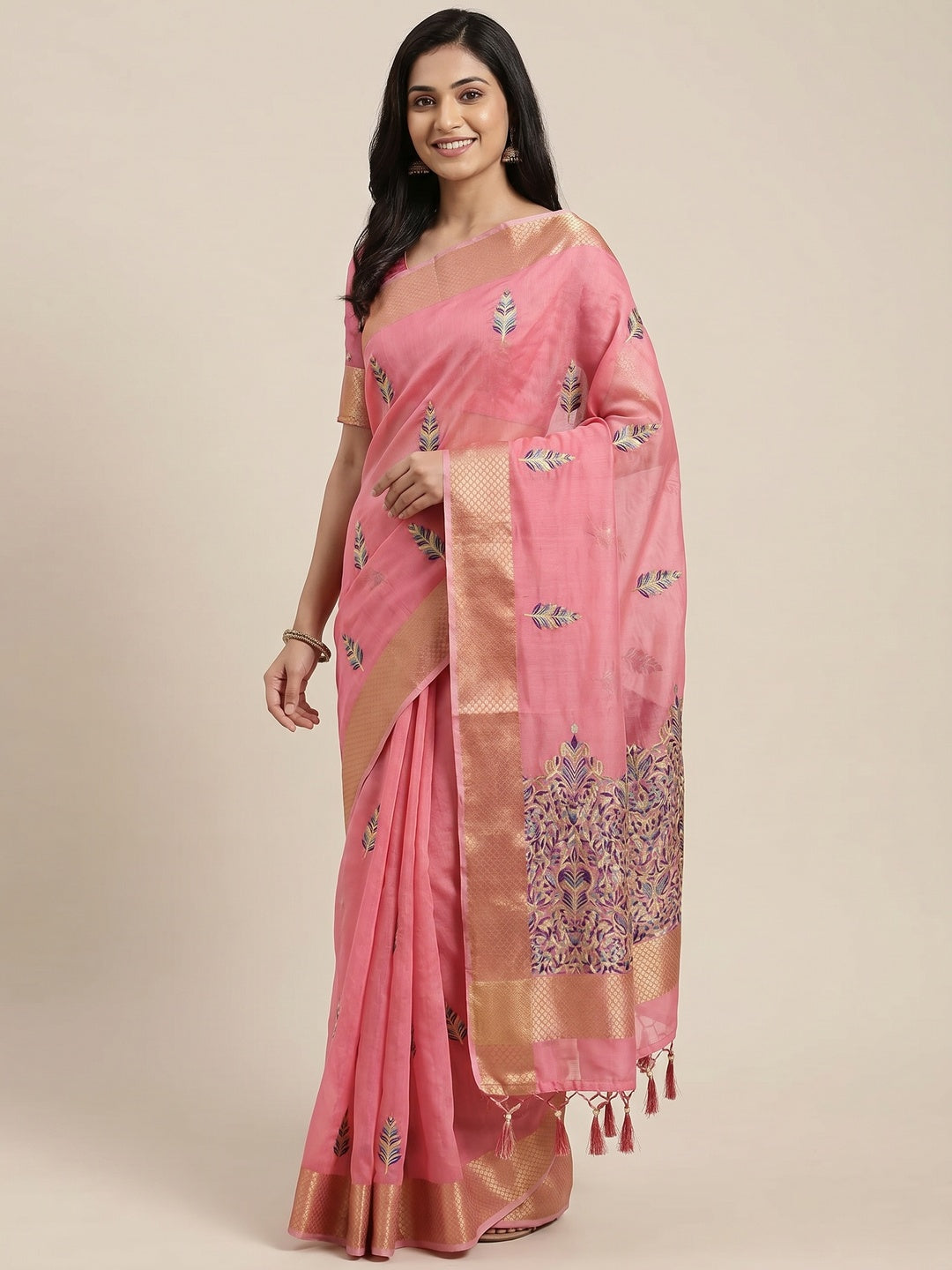 Pink Woven Art Silk Saree With Tassels - Image 1