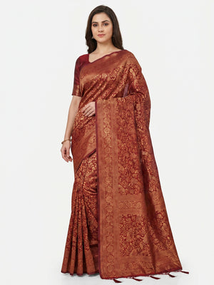 Maroon Woven Art Silk Saree With Tassels - Image 1