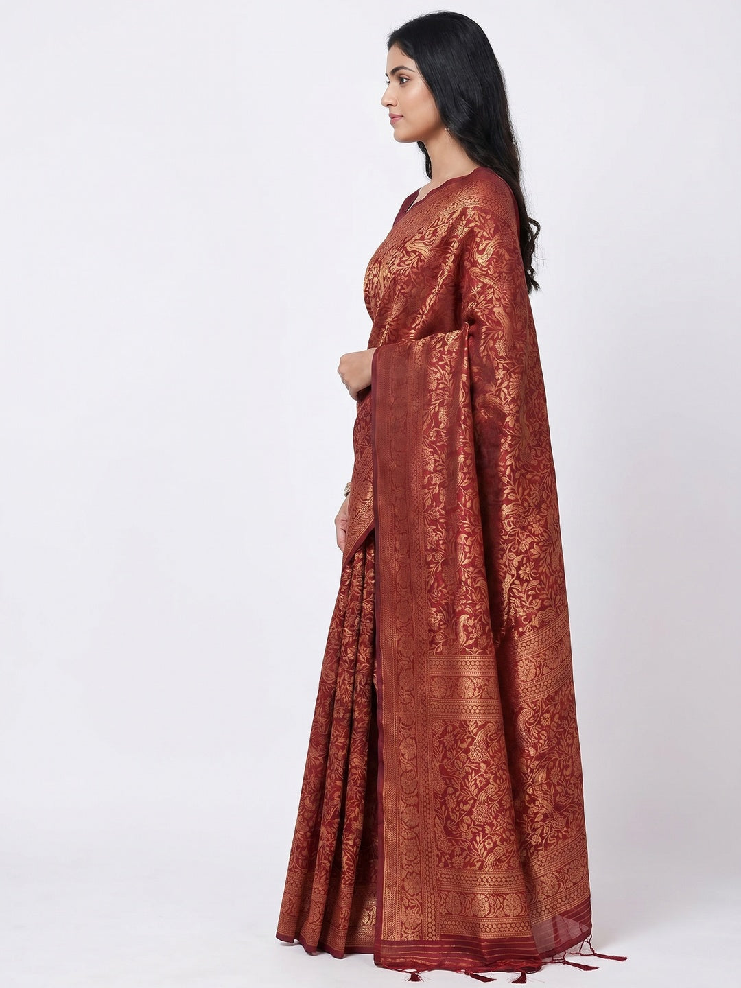 Maroon Woven Art Silk Saree With Tassels - Image 3