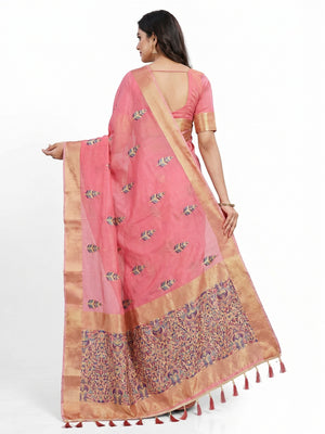 Pink Woven Art Silk Saree With Tassels - Image 2