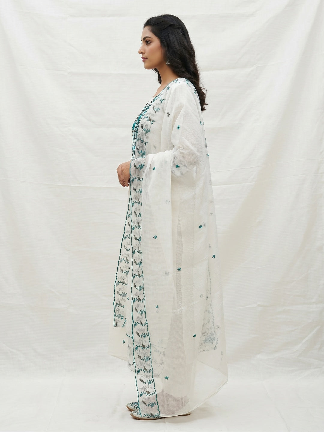 White Floral Sequins Embroidered Kota Doria Dress Material - Image 3