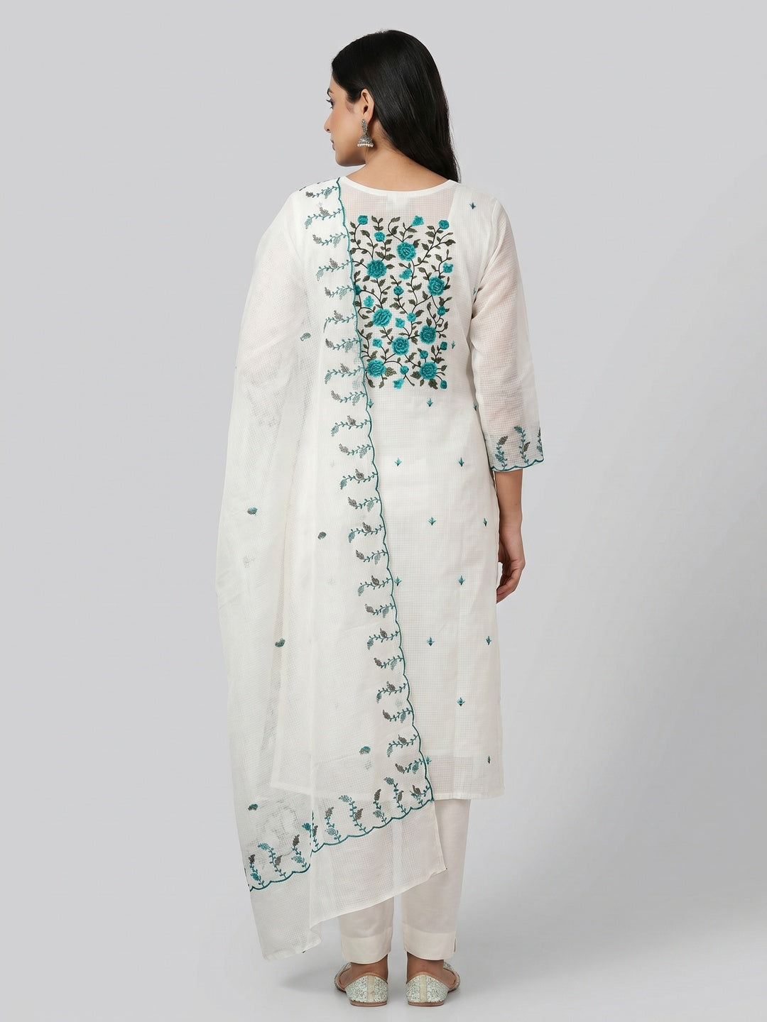 White Floral Sequins Embroidered Kota Doria Dress Material - Image 2