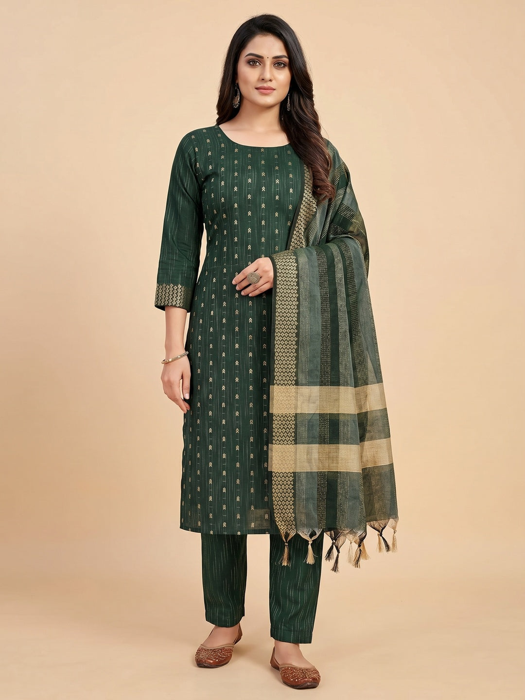 Bottle Green Woven Cotton Blend Dress Material - Image 1