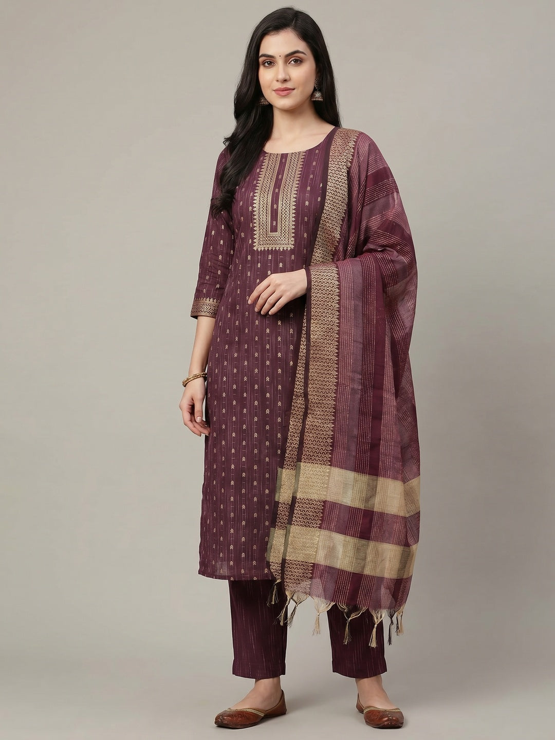 Wine Woven Cotton Blend Dress Material - Image 1